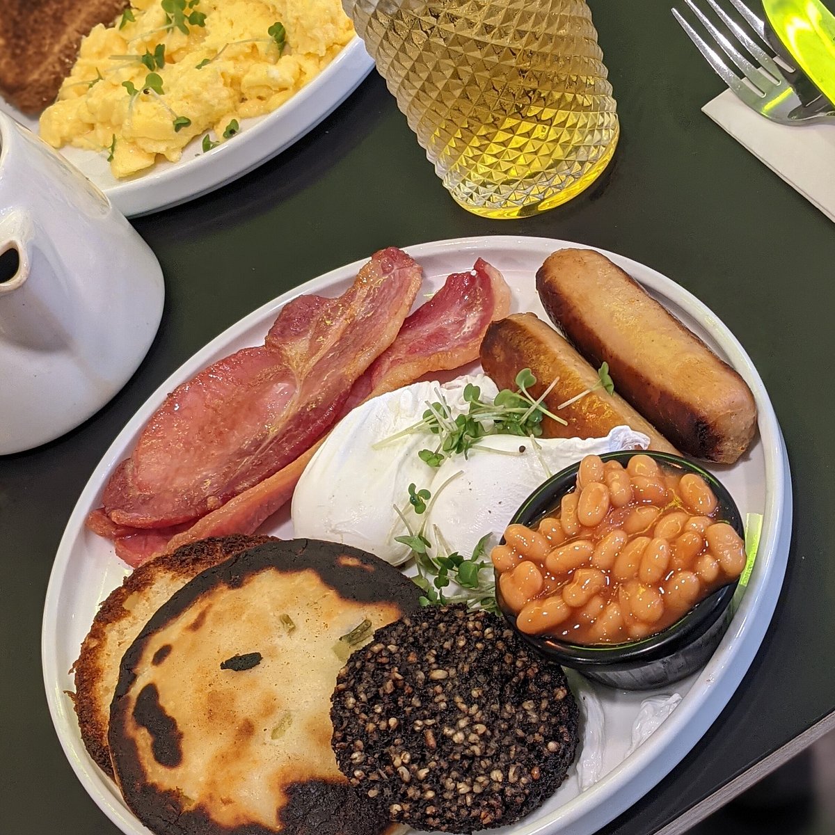 Full breakfast plate with eggs, bacon, sausage, beans and toast