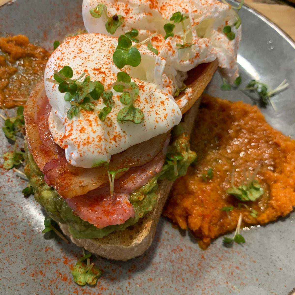Avocado toast style brunch plate with egg and salmon